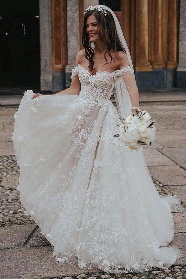 Ball Gown Off the Shoulder Tulle Wedding Dresses with Lace Appliques WD582 - Image 4