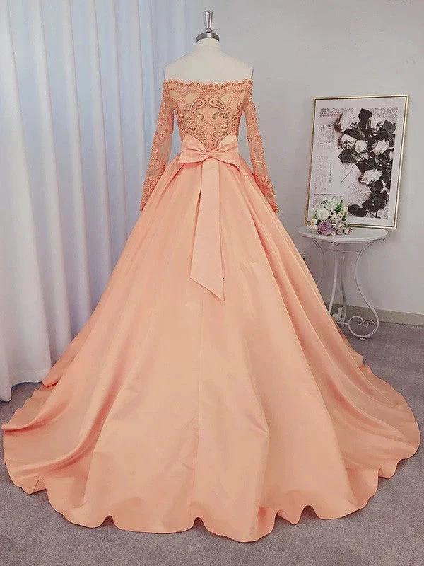 Ball Gown Satin Long Sleeves Beading Off-the-Shoulder Court Train Prom Dresses - Image 2
