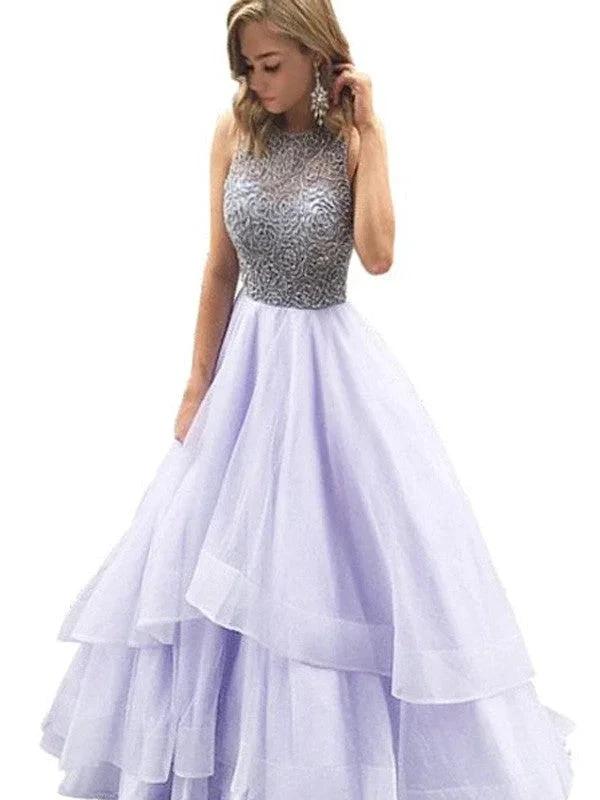 Ball Gown Scoop Sleeveless Floor-Length Beading Organza Prom Dresses - Image 2