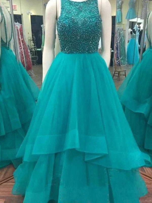 Ball Gown Scoop Sleeveless Floor-Length Beading Organza Prom Dresses - Image 3