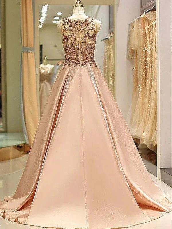 Ball Gown Sleeveless Bateau Beading Satin Prom Dresses - Image 2