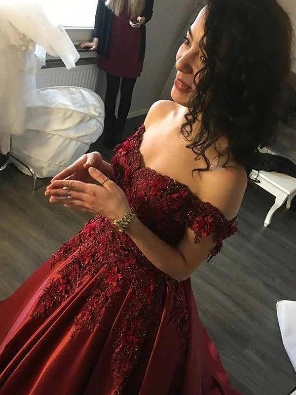 Ball Gown Sleeveless Off-the-Shoulder Applique Satin Floor-Length Prom Dresses - Image 3