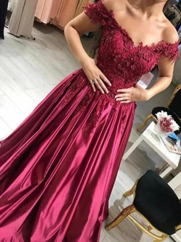 Ball Gown Sleeveless Off-the-Shoulder Applique Satin Floor-Length Prom Dresses - Image 4