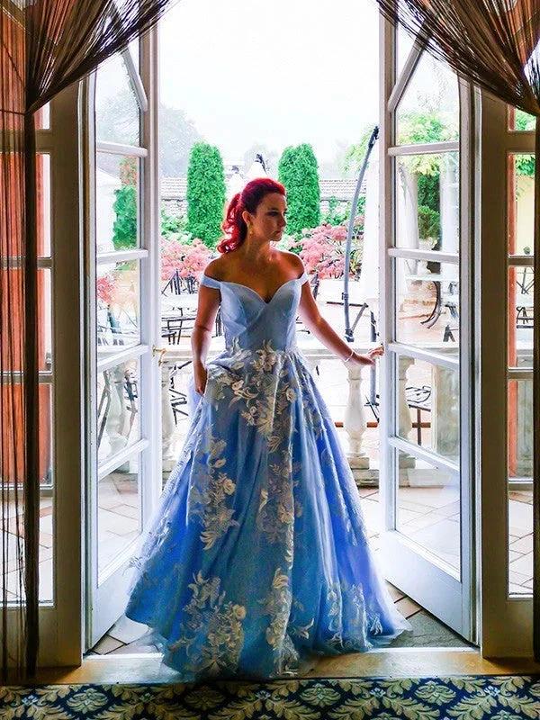 Ball Gown Sleeveless Off-the-Shoulder Applique Tulle Prom Dresses - Image 3