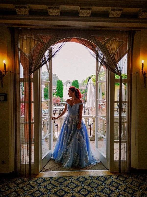 Ball Gown Sleeveless Off-the-Shoulder Applique Tulle Prom Dresses - Image 5