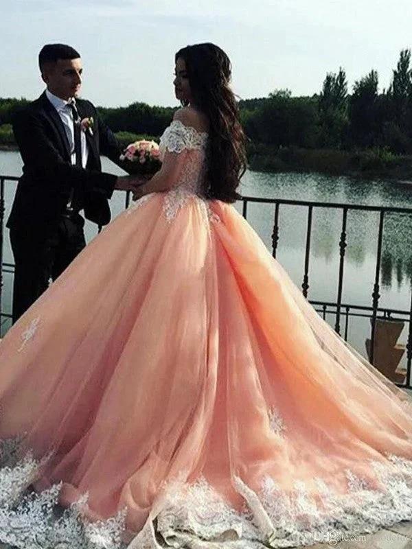 Ball Gown Sleeveless Off-the-Shoulder Court Train Tulle Lace Prom Dresses - Image 2