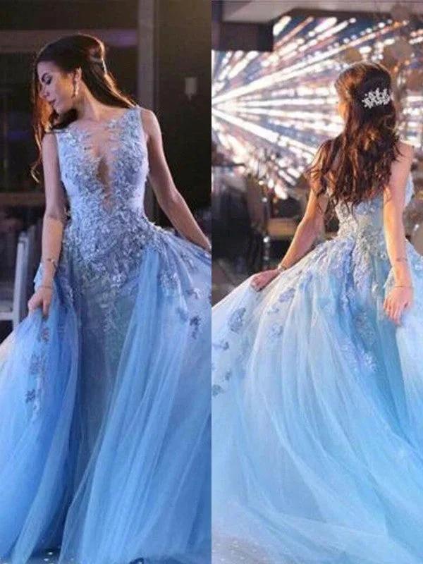 Ball Gown Sleeveless Scoop Applique Tulle Prom Dresses - Image 2