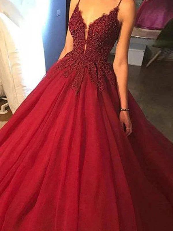 Ball Gown Sleeveless Spaghetti Straps Applique Tulle Prom Dresses - Image 2