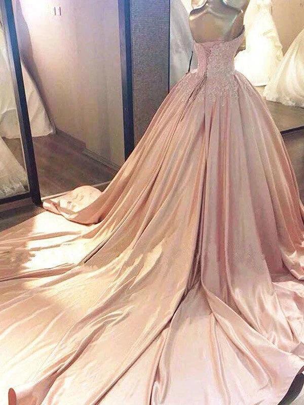 Ball Gown Sleeveless Sweetheart Court Train Lace Satin Prom Dresses - Image 2