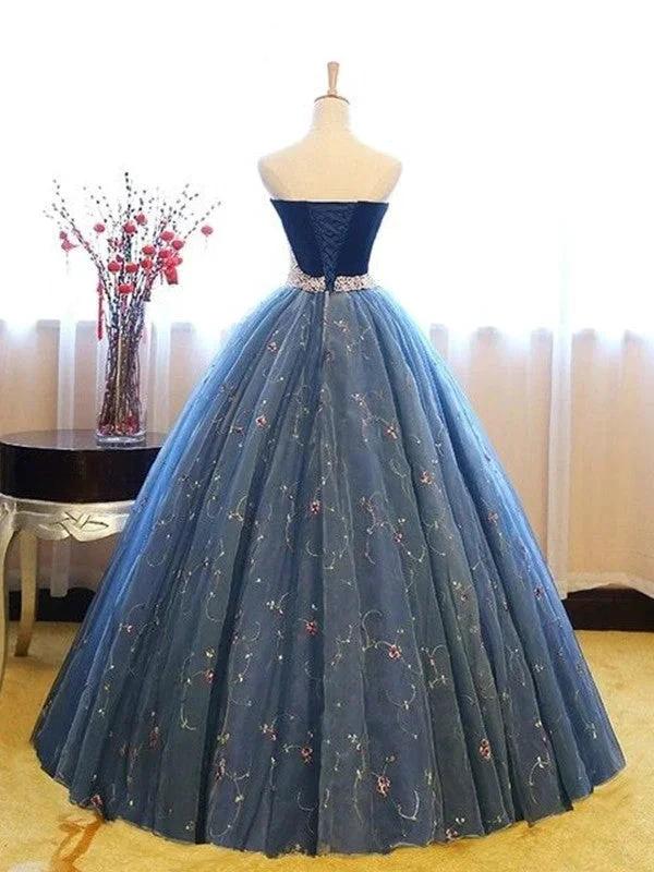 Ball Gown Sleeveless Sweetheart Floor-Length Beading Net Prom Dresses - Image 2