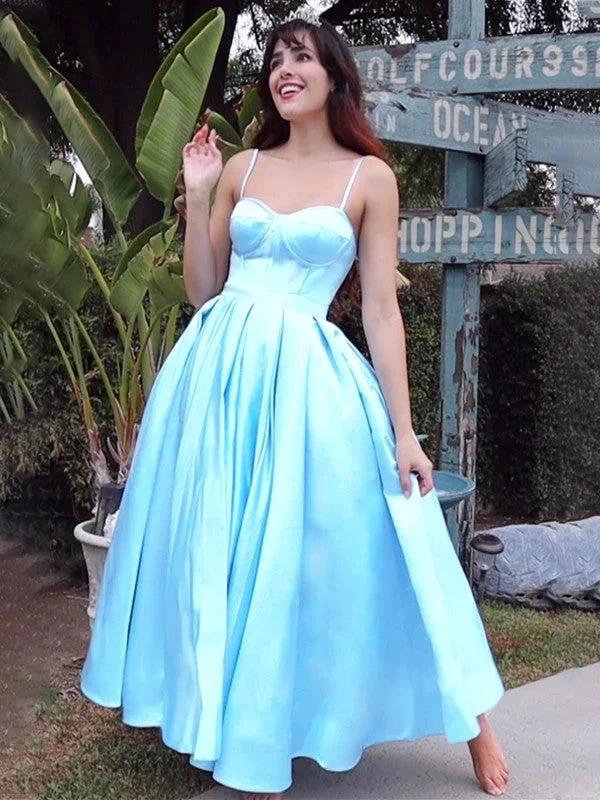 Ball Gown Spaghetti Straps Sleeveless Satin Ruffles Tea-Length Homecoming Prom Dresses - Image 2