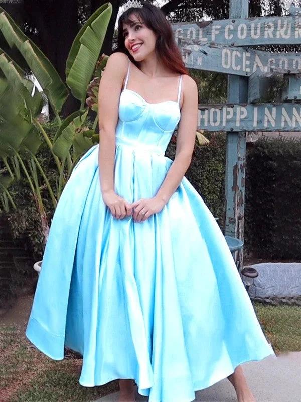 Ball Gown Spaghetti Straps Sleeveless Satin Ruffles Tea-Length Homecoming Prom Dresses - Image 3