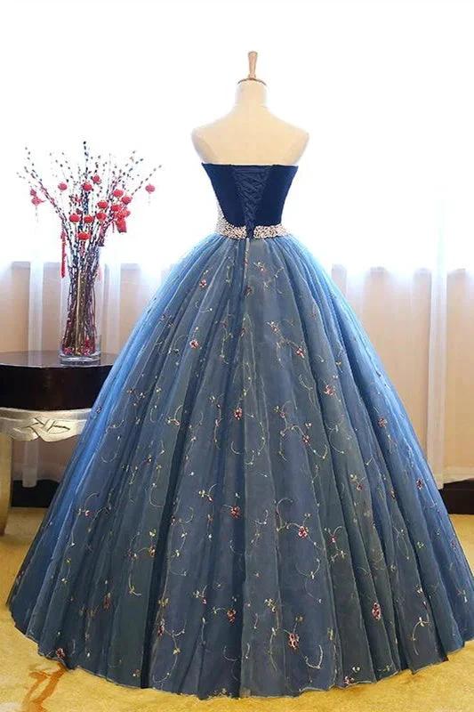 Ball Gown Strapless Embroidery Pearl Dark Blue Formal Prom Dresses - Image 2