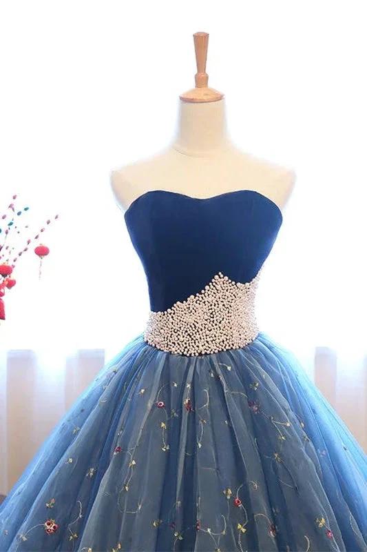 Ball Gown Strapless Embroidery Pearl Dark Blue Formal Prom Dresses - Image 3