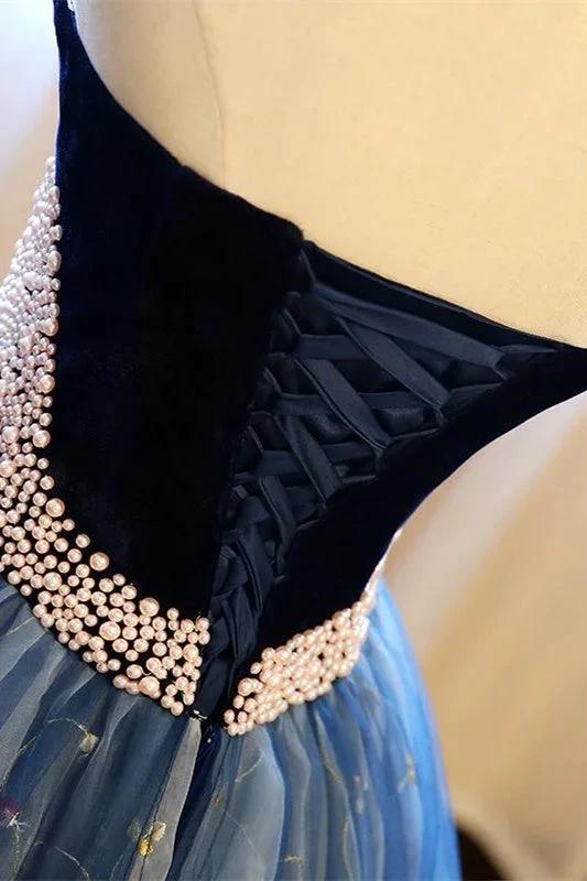 Ball Gown Strapless Embroidery Pearl Dark Blue Formal Prom Dresses - Image 4