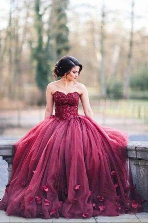 Ball Gown Sweetheart Burgundy Tulle Wedding Dress with Handmade Flowers  WD238 - Image 2