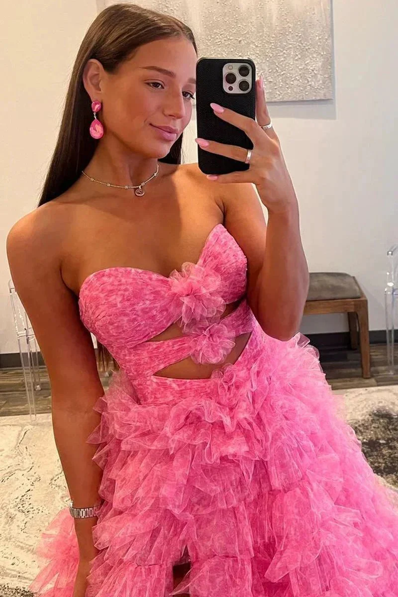 Reyna |Ball Gown Sweetheart Pink Tiered Printed Tulle Prom Dress - Image 2