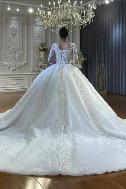 Ball Gown Sweetheart Tulle Long Sleeves Appliques Floor-Length Wedding Dresses with Lace - Image 2