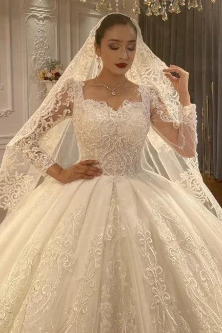 Ball Gown Sweetheart Tulle Long Sleeves Appliques Floor-Length Wedding Dresses with Lace - Image 3