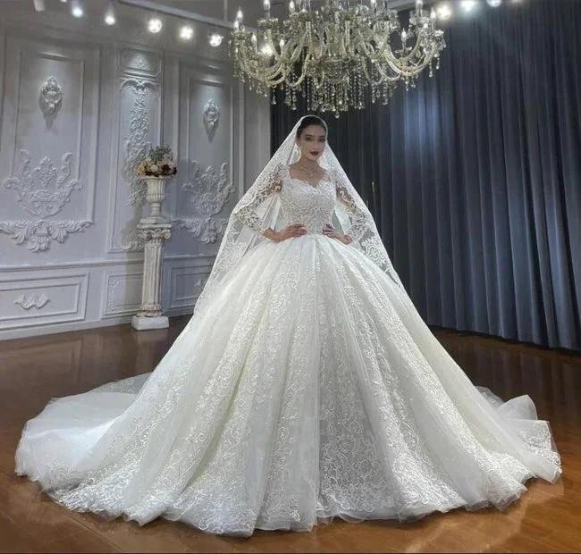 Ball Gown Sweetheart Tulle Long Sleeves Appliques Floor-Length Wedding Dresses with Lace - Image 4
