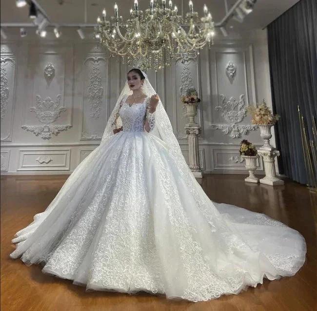 Ball Gown Sweetheart Tulle Long Sleeves Appliques Floor-Length Wedding Dresses with Lace - Image 5