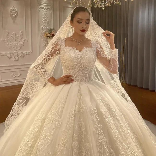 Ball Gown Sweetheart Tulle Long Sleeves Appliques Floor-Length Wedding Dresses with Lace - Image 6