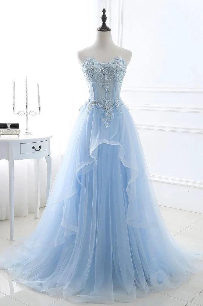 Ball Gown Sweetheart Tulle Sky Blue Prom Dress with Sequins - Image 2