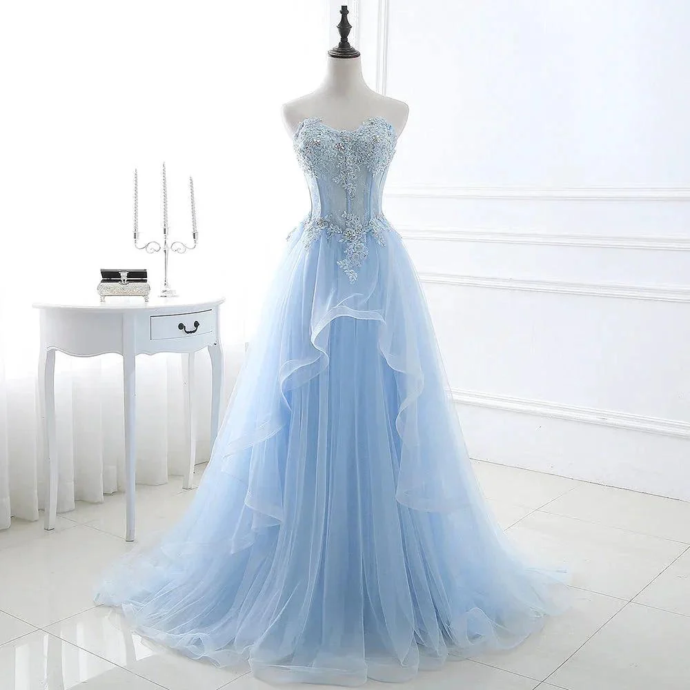 Ball Gown Sweetheart Tulle Sky Blue Prom Dress with Sequins - Image 4