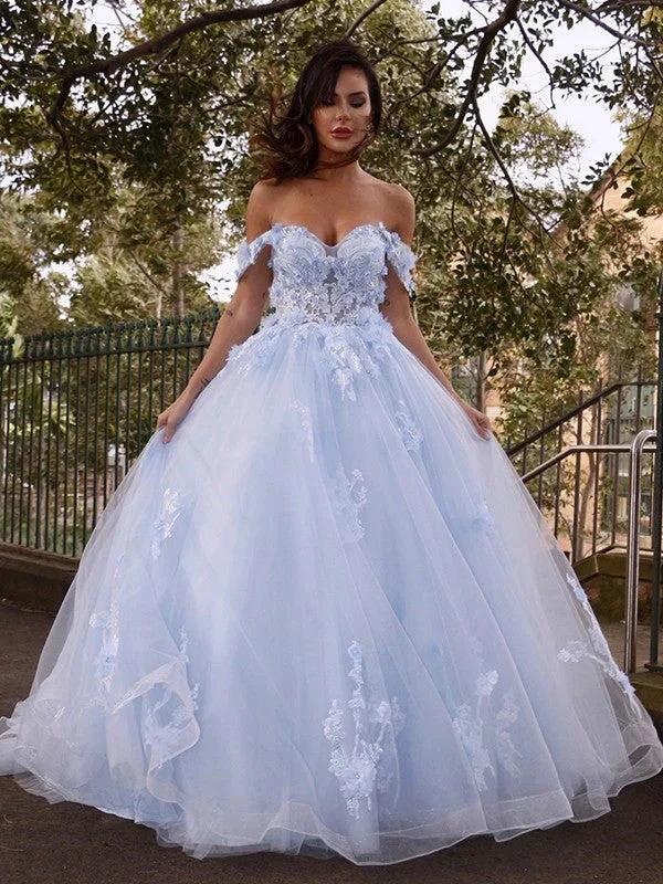 Ball Gown Tulle Applique Off-the-Shoulder Sleeveless Prom Dresses - Image 2