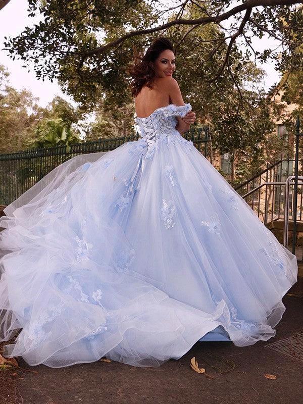 Ball Gown Tulle Applique Off-the-Shoulder Sleeveless Prom Dresses - Image 3