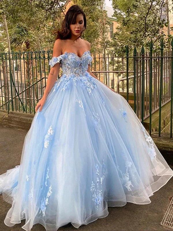 Ball Gown Tulle Applique Off-the-Shoulder Sleeveless Prom Dresses - Image 4