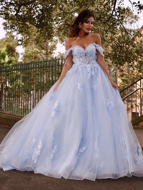 Ball Gown Tulle Applique Off-the-Shoulder Sleeveless Prom Dresses - Image 5