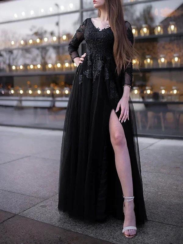 Ball Gown Tulle Long Sleeves Applique Off-the-Shoulder Floor-Length Prom Dresses - Image 2