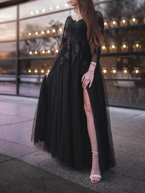 Ball Gown Tulle Long Sleeves Applique Off-the-Shoulder Floor-Length Prom Dresses - Image 3