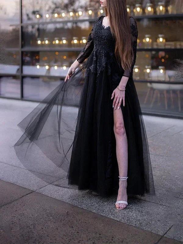 Ball Gown Tulle Long Sleeves Applique Off-the-Shoulder Floor-Length Prom Dresses - Image 4