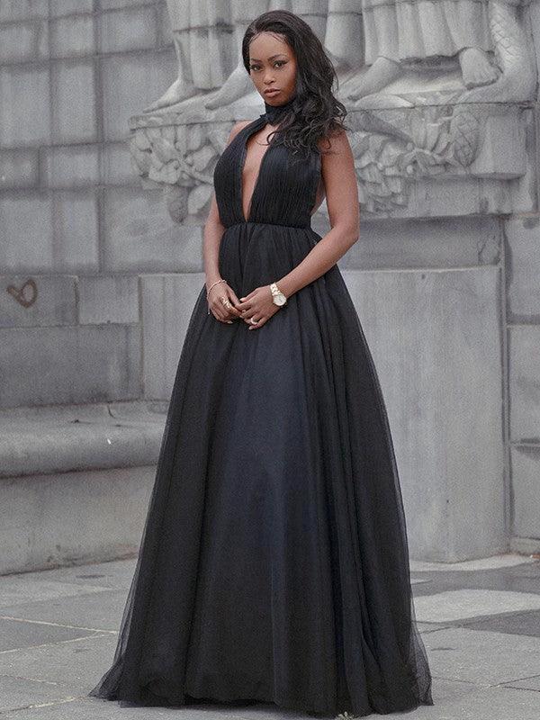Ball Gown Tulle Ruffles V-neck Sleeveless Court Train Prom Dresses - Image 2