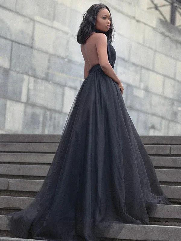 Ball Gown Tulle Ruffles V-neck Sleeveless Court Train Prom Dresses - Image 3