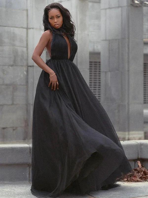 Ball Gown Tulle Ruffles V-neck Sleeveless Court Train Prom Dresses - Image 4
