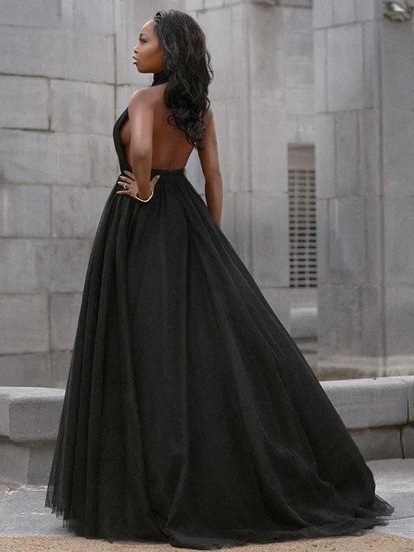 Ball Gown Tulle Ruffles V-neck Sleeveless Court Train Prom Dresses - Image 6