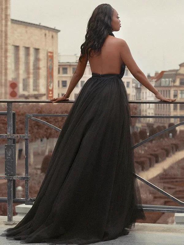 Ball Gown Tulle Ruffles V-neck Sleeveless Court Train Prom Dresses - Image 8