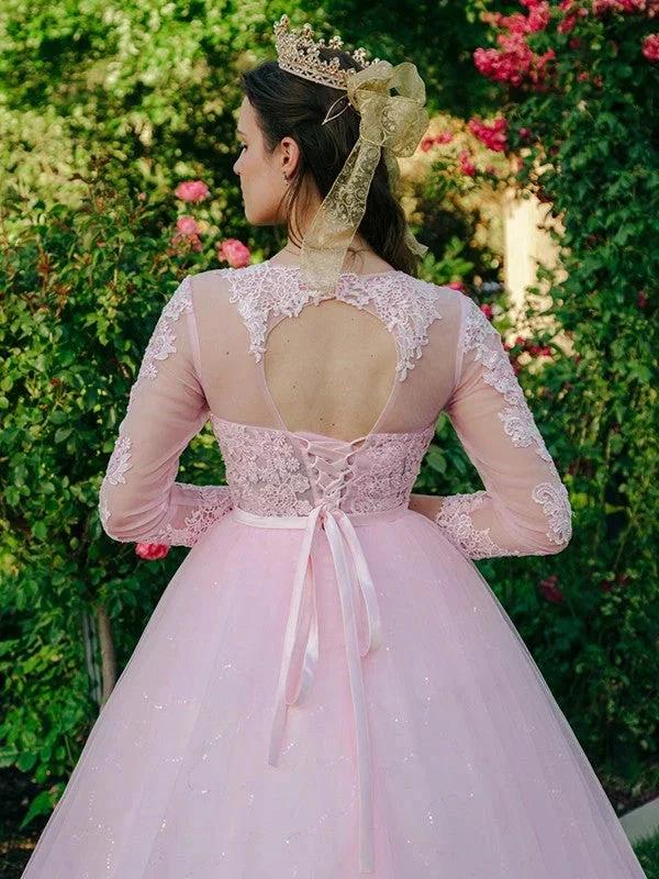 Ball Gown Tulle Scoop Lace Long Sleeves Prom Dresses - Image 10