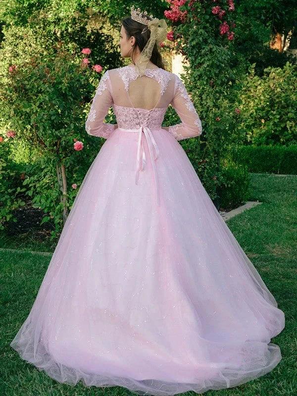 Ball Gown Tulle Scoop Lace Long Sleeves Prom Dresses - Image 2