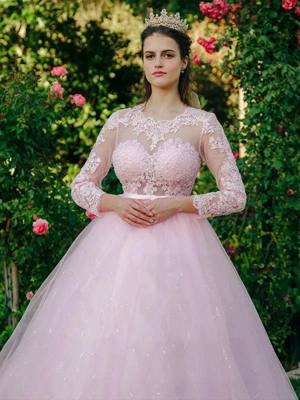 Ball Gown Tulle Scoop Lace Long Sleeves Prom Dresses - Image 3