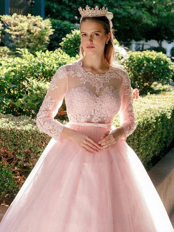 Ball Gown Tulle Scoop Lace Long Sleeves Prom Dresses - Image 4