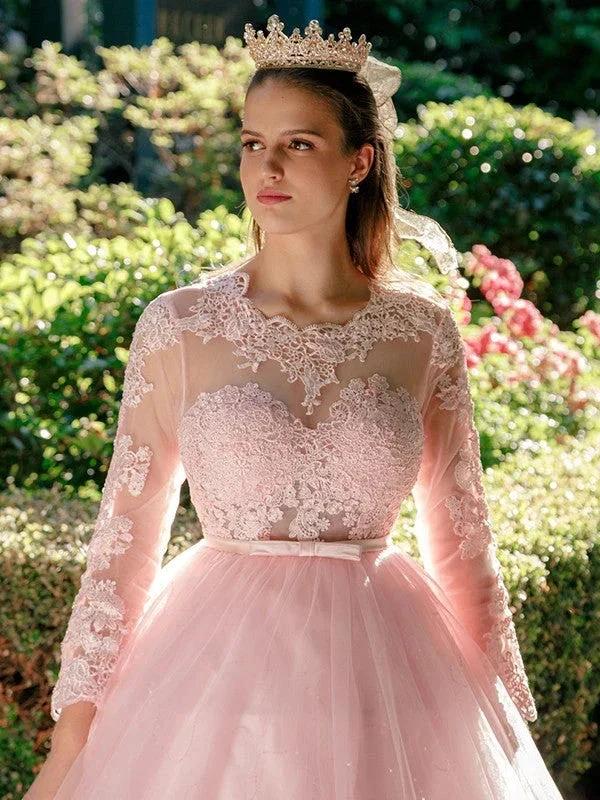 Ball Gown Tulle Scoop Lace Long Sleeves Prom Dresses - Image 5