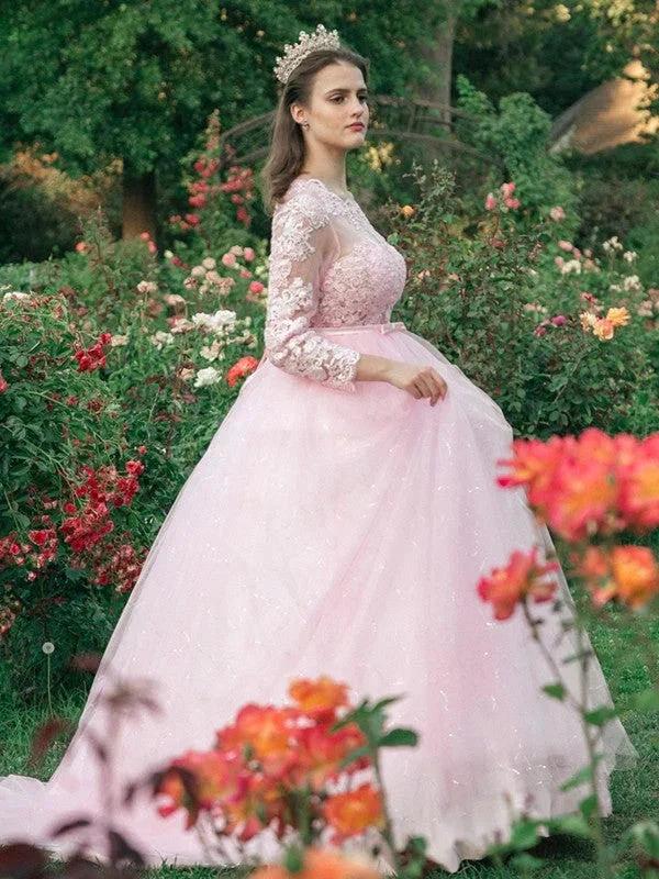 Ball Gown Tulle Scoop Lace Long Sleeves Prom Dresses - Image 6