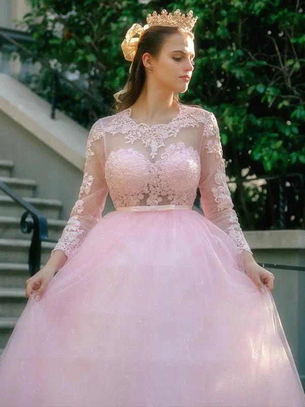 Ball Gown Tulle Scoop Lace Long Sleeves Prom Dresses - Image 7
