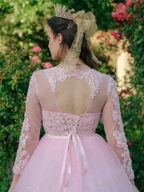 Ball Gown Tulle Scoop Lace Long Sleeves Prom Dresses - Image 8