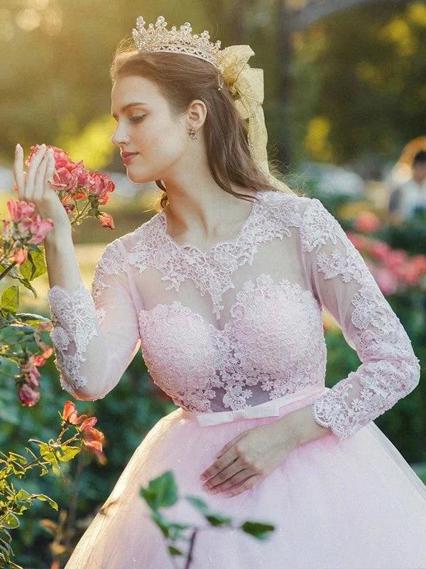 Ball Gown Tulle Scoop Lace Long Sleeves Prom Dresses - Image 9