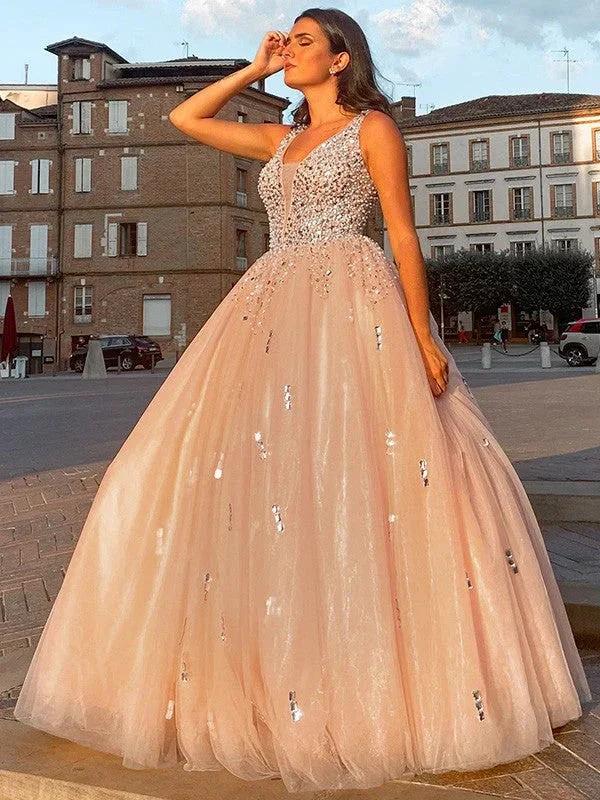 Ball Gown Tulle V-neck Beading Sleeveless Floor-Length Prom Dresses - Image 2